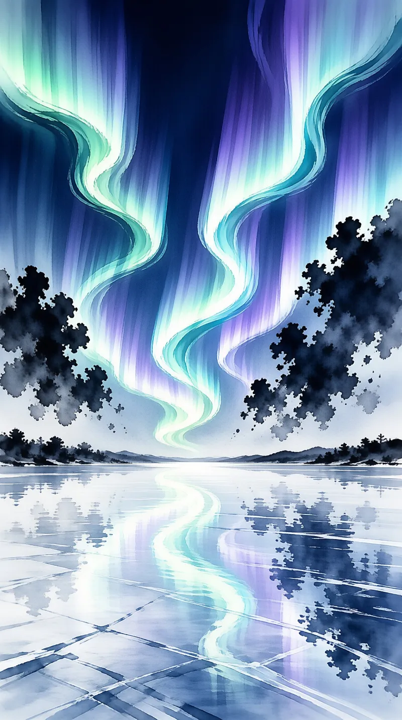 Vibrant green and purple northern lights swirl across a dark sky above a calm frozen lake reflecting the colors