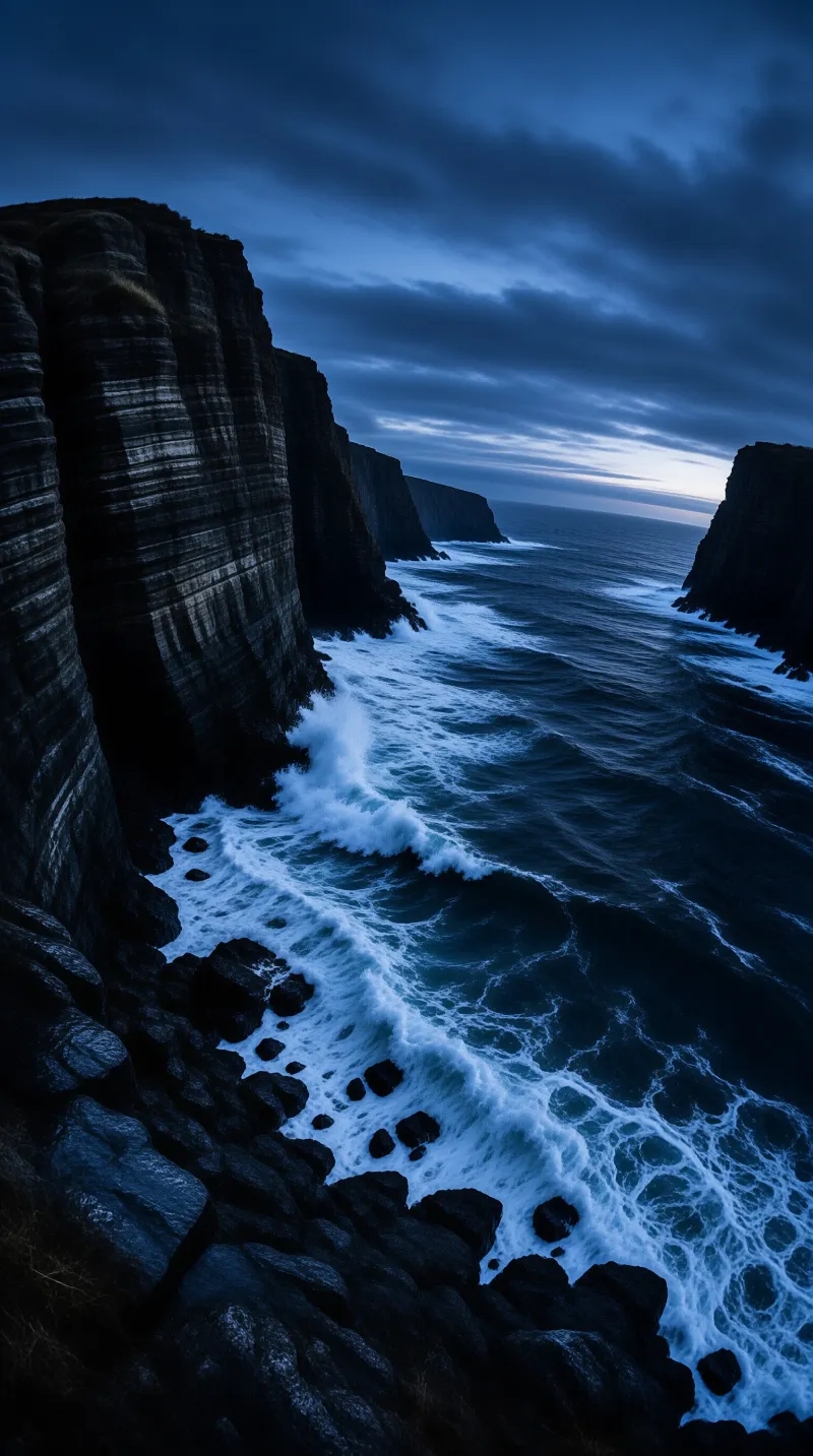 Dark layered cliffs rise beside churning waves under a deep blue twilight sky