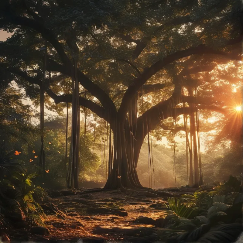 A massive banyan tree with roots in a jungle, sunlight filtering through leaves, illuminating the forest floor and butterflies.