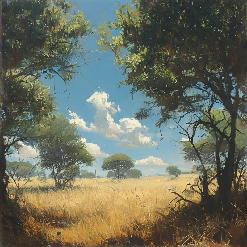 Oil painted grassland of golden stalks and scattered flat topped trees under a bright sky filled with drifting cumulus