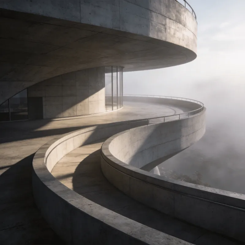 Observatory with Curved Concrete — Foggy Morning