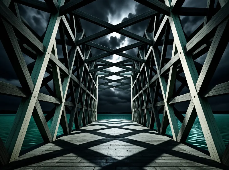 Diagonal wooden beams form a tunnel of crisscross shadows above a calm lake under heavy storm cloud