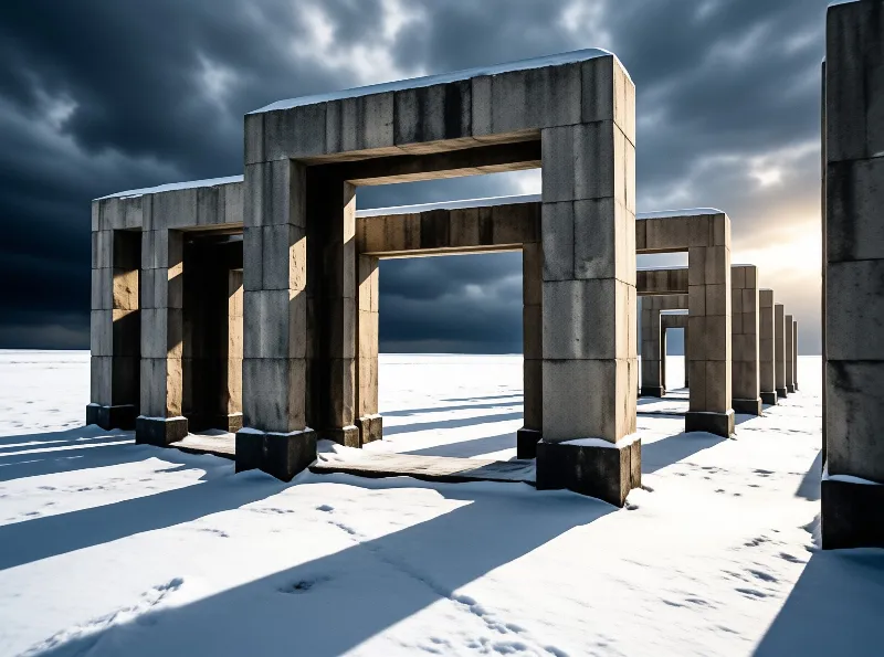 Massive concrete frames stand in a row across a white frozen landscape beneath dramatic clouds.
