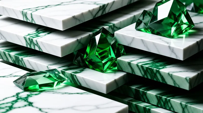 Faceted emerald green gemstones rest among stacked slabs of white marble threaded with dark green veining.