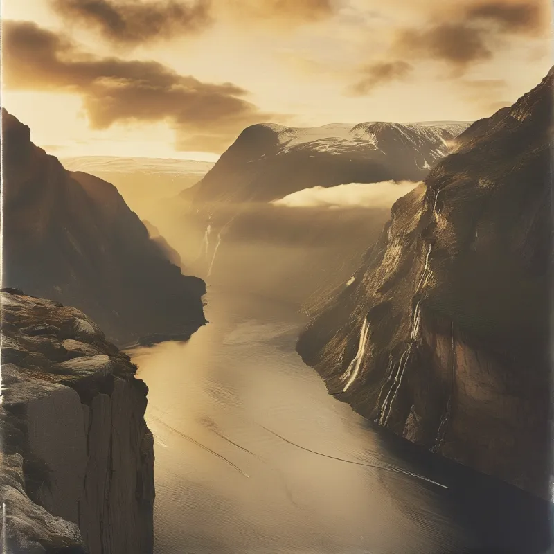 A wide view of steep mountain walls surrounding a river that glows with the soft orange light of dawn.