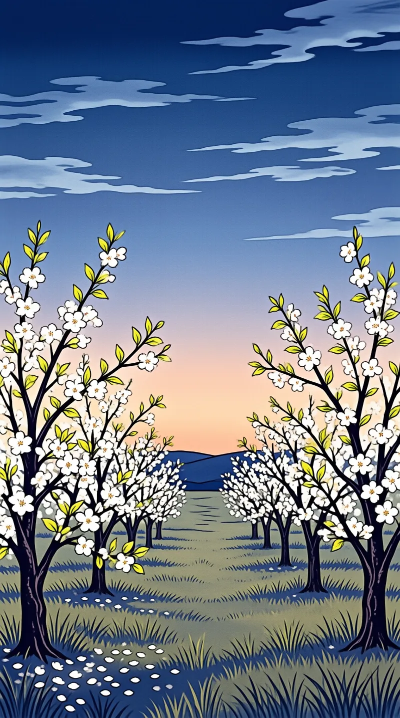Rows of white flowering trees extend toward the horizon under a sky transitioning from deep blue to peachy orange light.