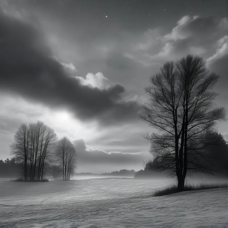 A wide snowy plain stretches out under a dramatic sky, framed by leafless trees and low mist.