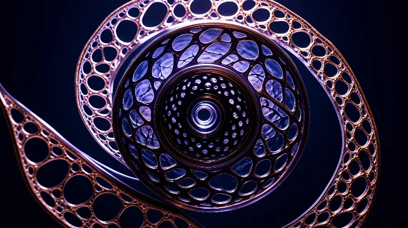 A shiny copper-colored spiral with organic holes glows against a dark blue background.
