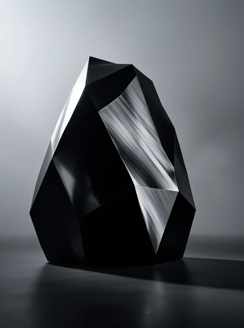 A glossy black multifaceted sculpture rests on a dark surface against a gray backdrop with bright highlights.
