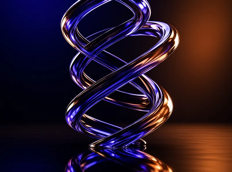 A twisted metallic shape twists vertically while displaying iridescent blue and copper highlights against a dark gradient.