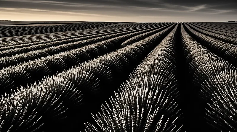 Parallel rows of grain stretch across a vast field where sunlight highlights the texture.