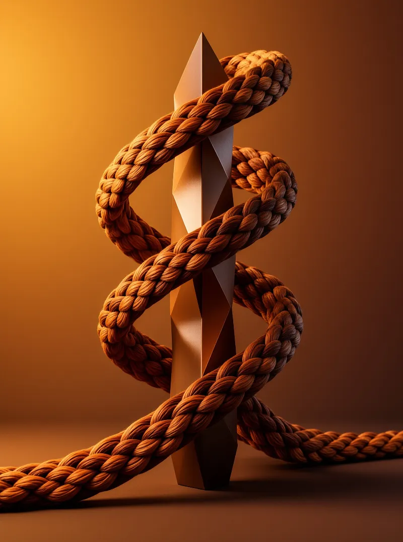 A tall metallic obelisk is coiled by a thick brown rope against a smooth amber wall with dramatic lighting.