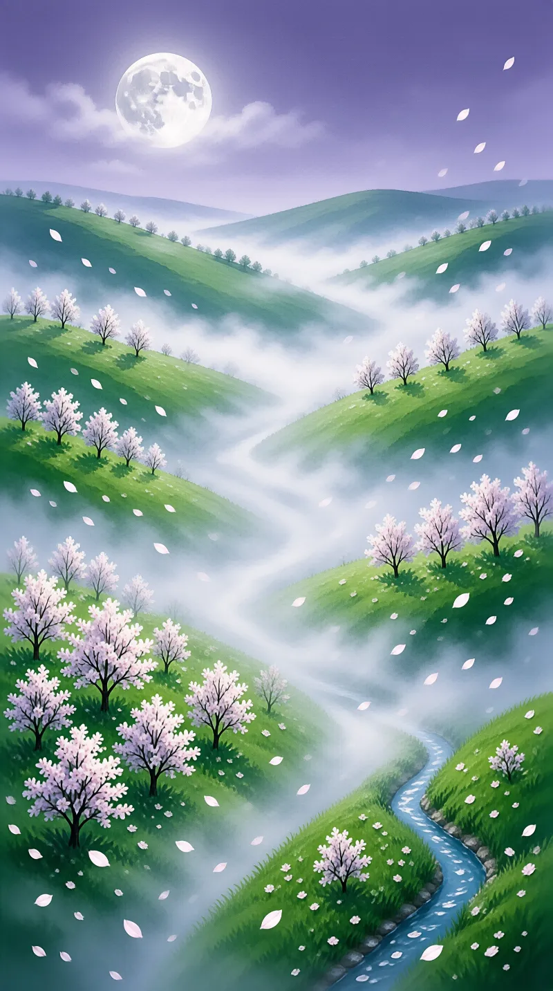 Rolling green hills covered in blooming cherry trees feature a winding river beneath a bright full moon.