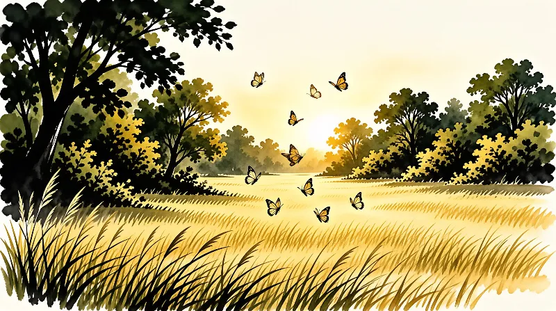 A group of orange and black monarch butterflies flies above a sun-drenched ripening wheat field, framed by leafy green and yellow trees.