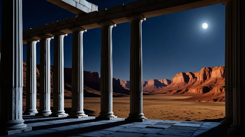 A row of white stone columns stands in a desert canyon under a bright full moon.