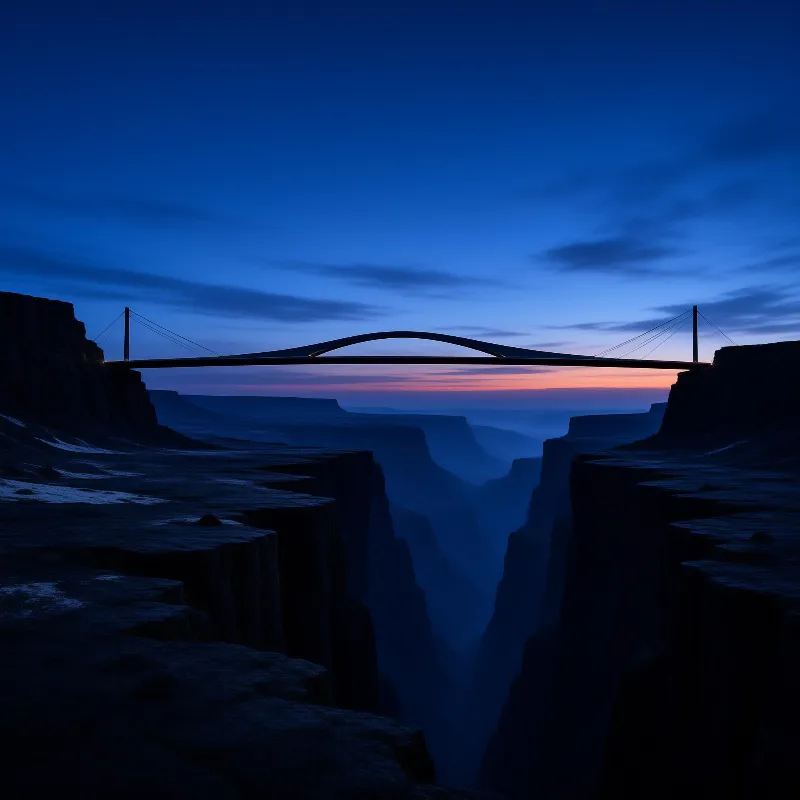 Suspension structure connects dark cliffs across a vast gorge under a gradient sky fading from pink to indigo.
