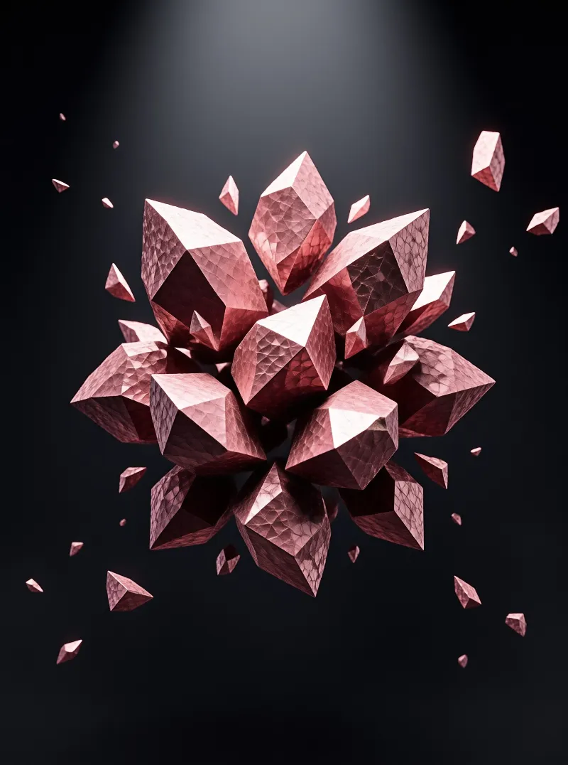 A cluster of faceted rose gold crystals explodes outward against a dark gradient background with sharp highlights.