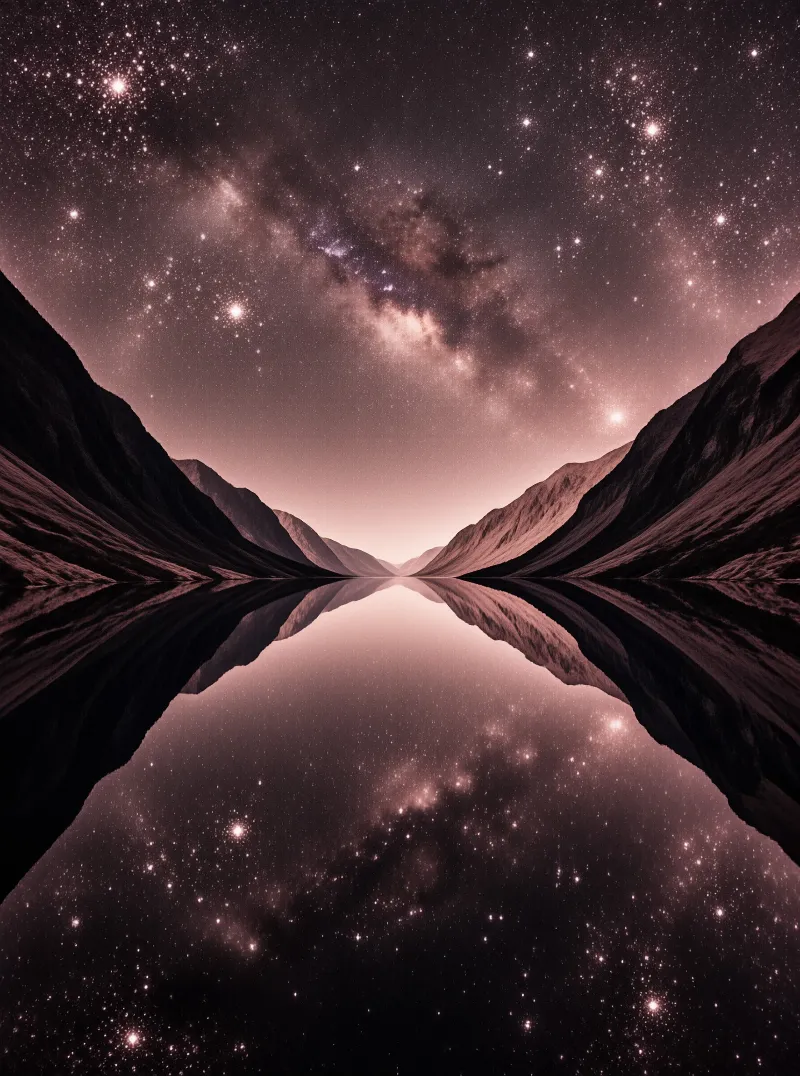 Symmetrical mountains frame a star filled sky above a perfectly still water surface creating a mirror image effect.