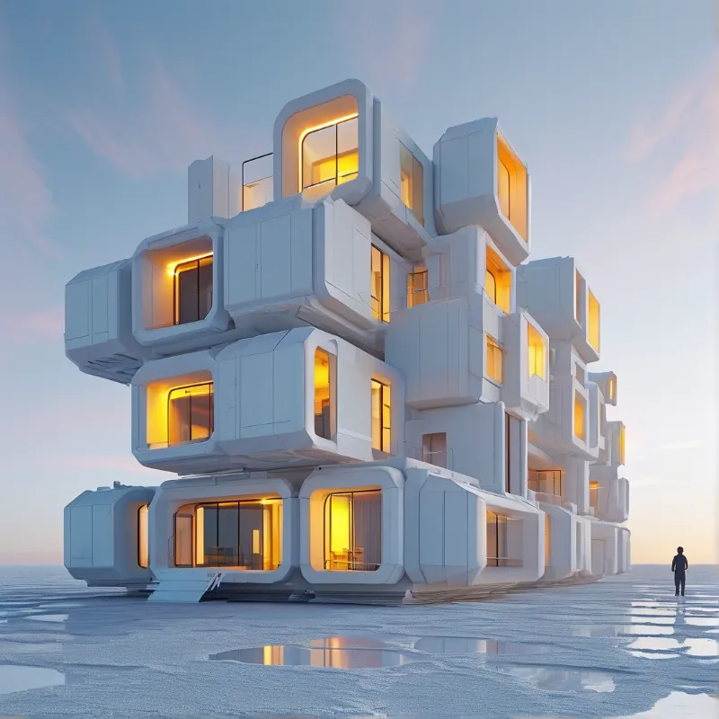 White modular pods with warmly lit windows stack into a tower on a glassy salt flat beneath a soft dusk sky.