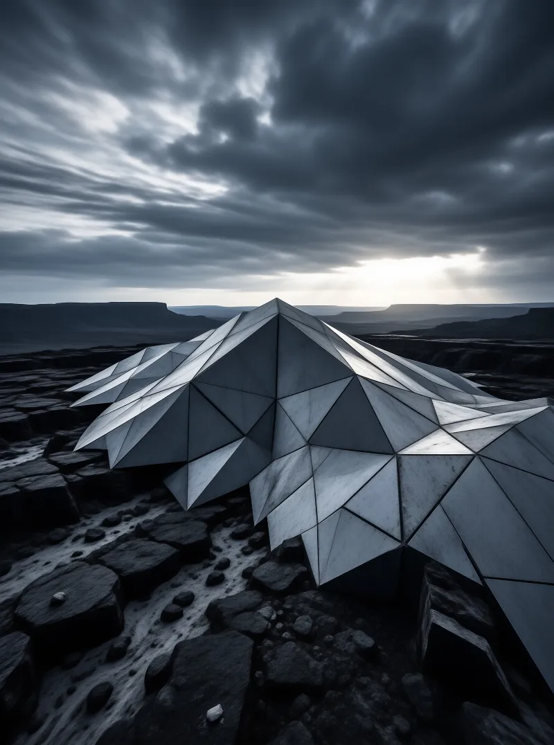 A large geometric silver structure rests on dark basalt rocks beneath a cloudy sky with distant mesas.