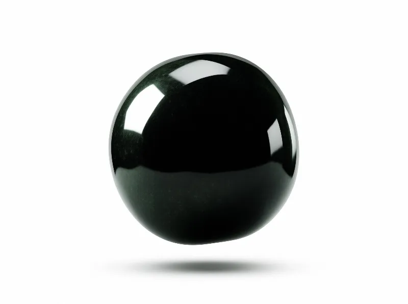 A polished black sphere hovers above a seamless white backdrop with a soft shadow pooled beneath it.