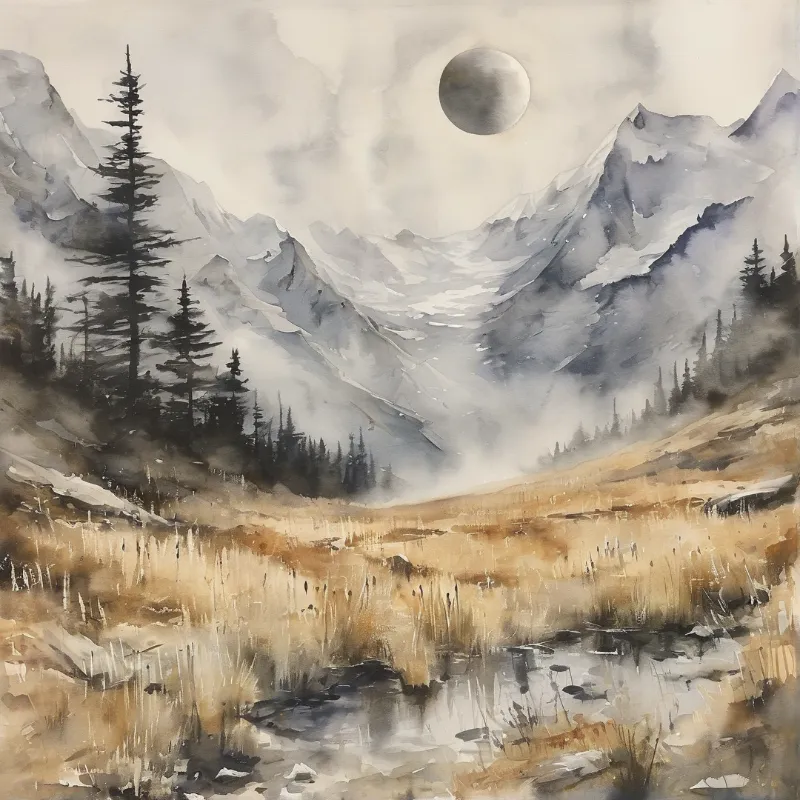 Snowy peaks rise behind pines under a moon while dry grass fills the valley floor near a stream in soft tones.