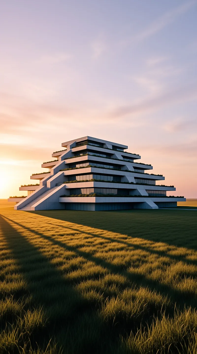 A contemporary stepped concrete building with terraced gardens stands in a vast grassy field as the sun sets on the left.