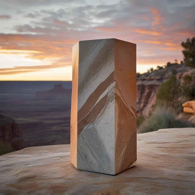 A geometric prism with gray and brown veins rests on a wooden surface overlooking a vast canyon during twilight.