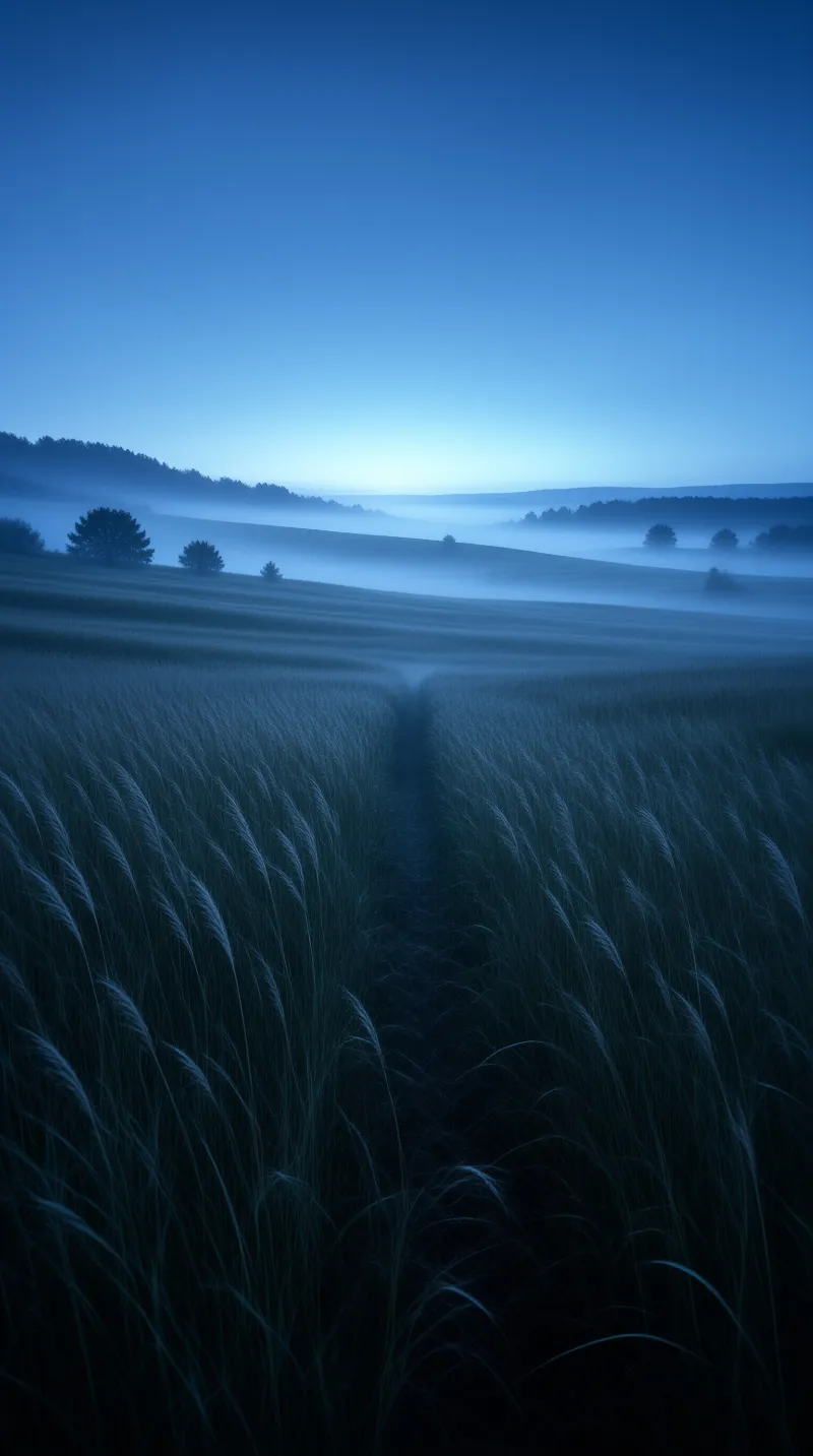 Tall dark grass blades form a winding path toward misty rolling hills beneath a gradient of deep blue twilight light.