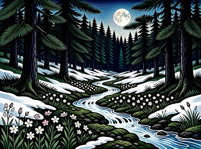 A winding blue stream flows through a snowy pine forest at night while a large full moon illuminates the dark trees and flowers.