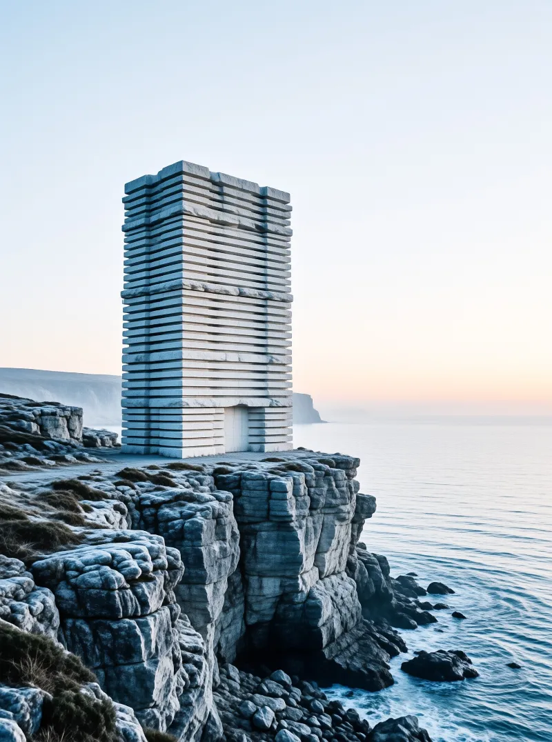 A tall tower of stacked stone slabs stands on a rugged cliff overlooking the calm ocean during soft dawn light.