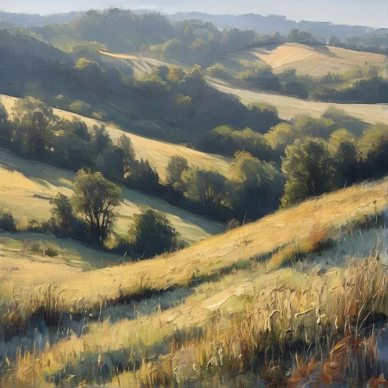 Painterly view of rolling hills with dry golden grass and green trees under soft misty light.