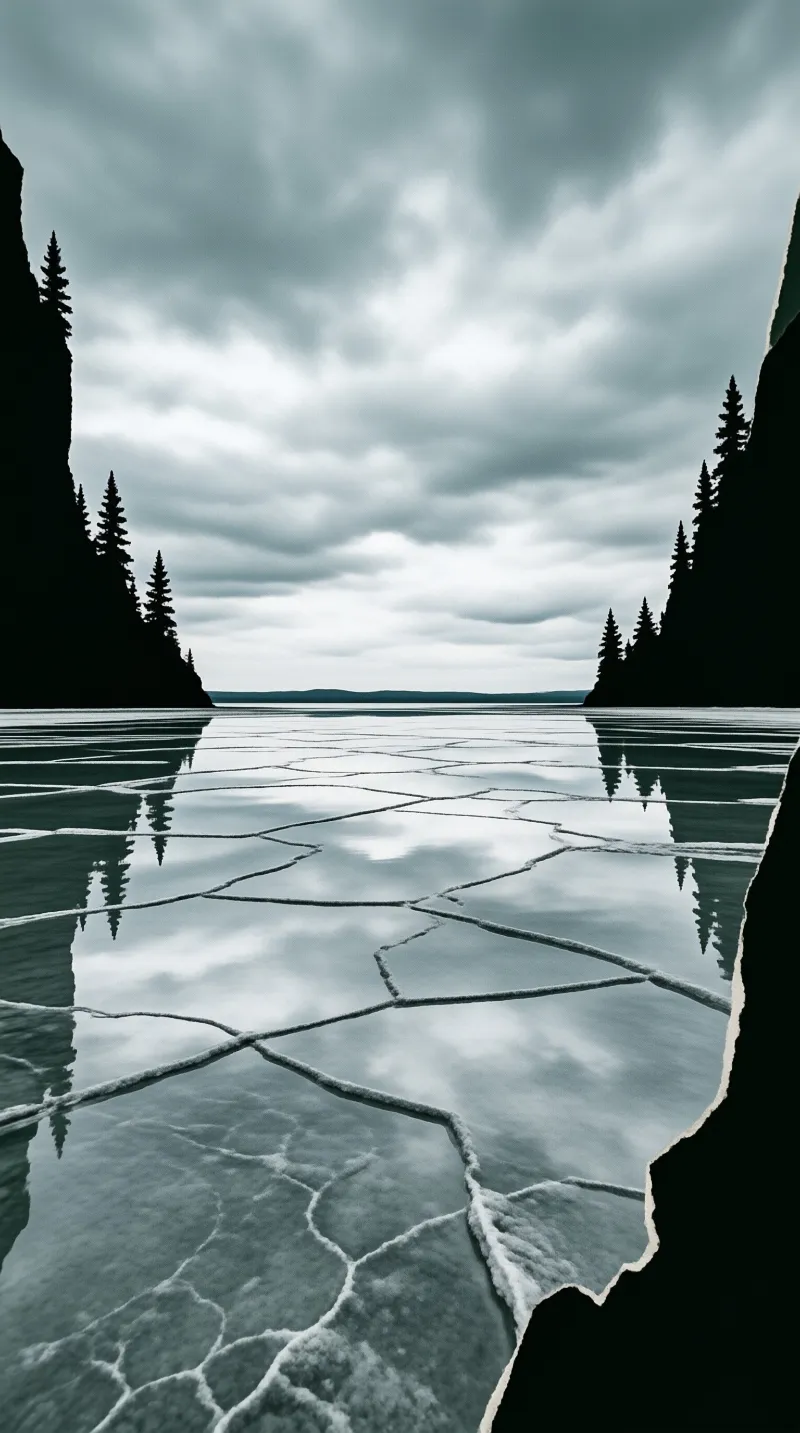 A frozen lake surface displays geometric ice cracks reflecting a cloudy sky and dark silhouetted trees.