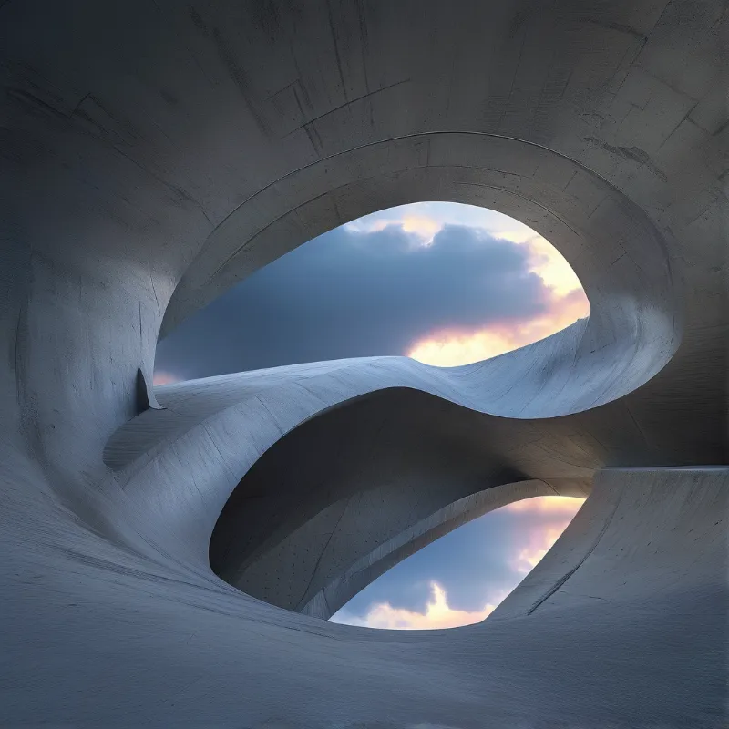 Smooth grey concrete forms curve upward to frame openings revealing a sky with soft pink and blue clouds.