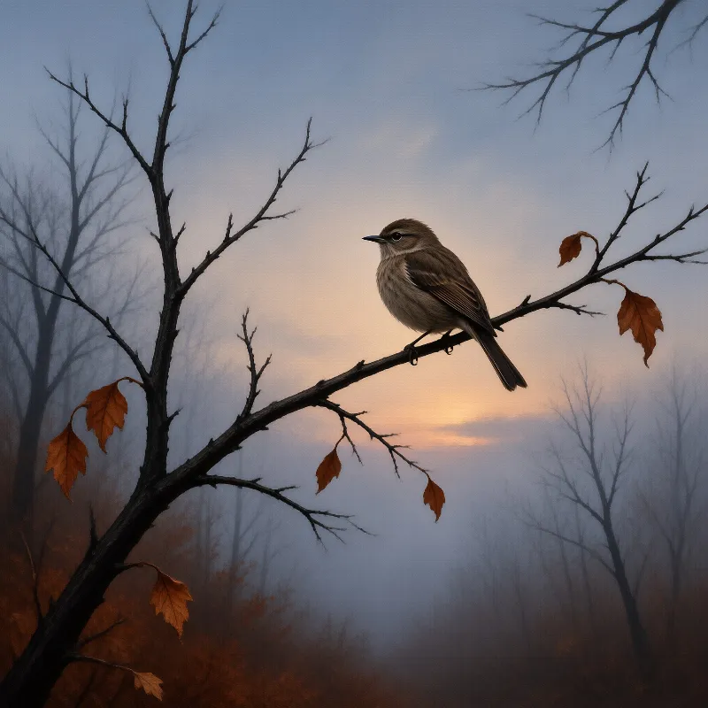 A soft brown songbird grips a thin leafless twig hung with a few dried orange leaves against a hazy dusk sky.