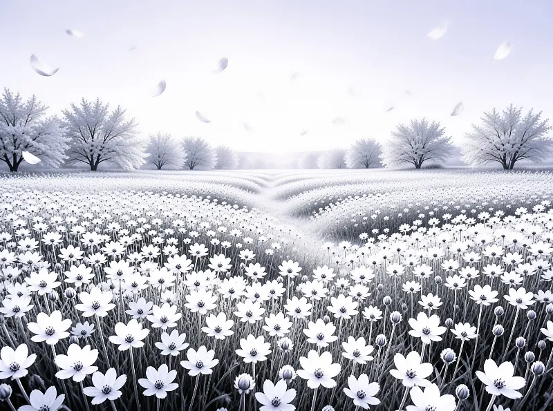 White flowers bloom in rows across a snowy field with frost-covered trees and drifting petals under a pale sky.