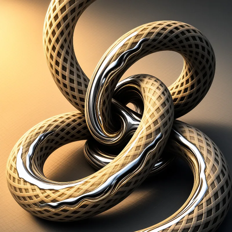 Interlocking baskets of pale woven cane loop through a molten silver band against a warm amber and charcoal backdrop.