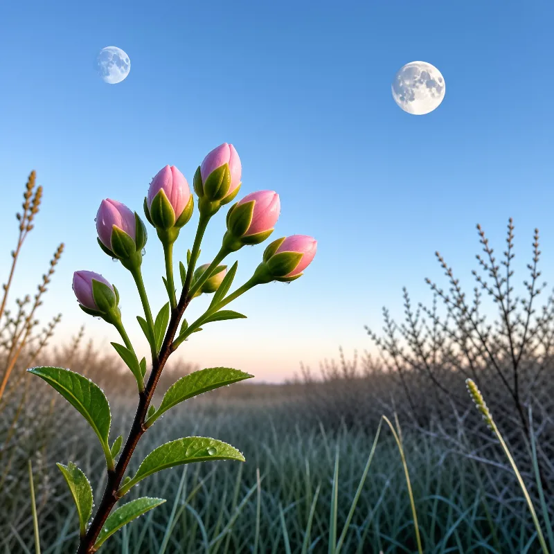 Delicate rose-pink flower buds glisten with dew on a green stem against a frosted meadow and surreal twin moons