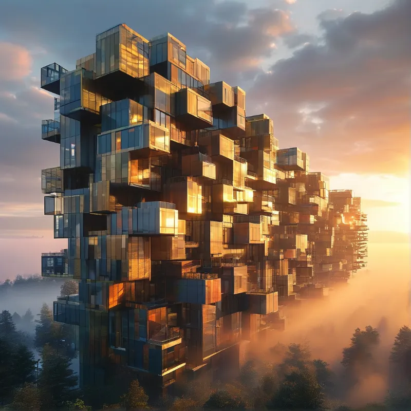 A skyscraper composed of stacked glass cubes stands among trees while low fog rolls through the valley under warm light.