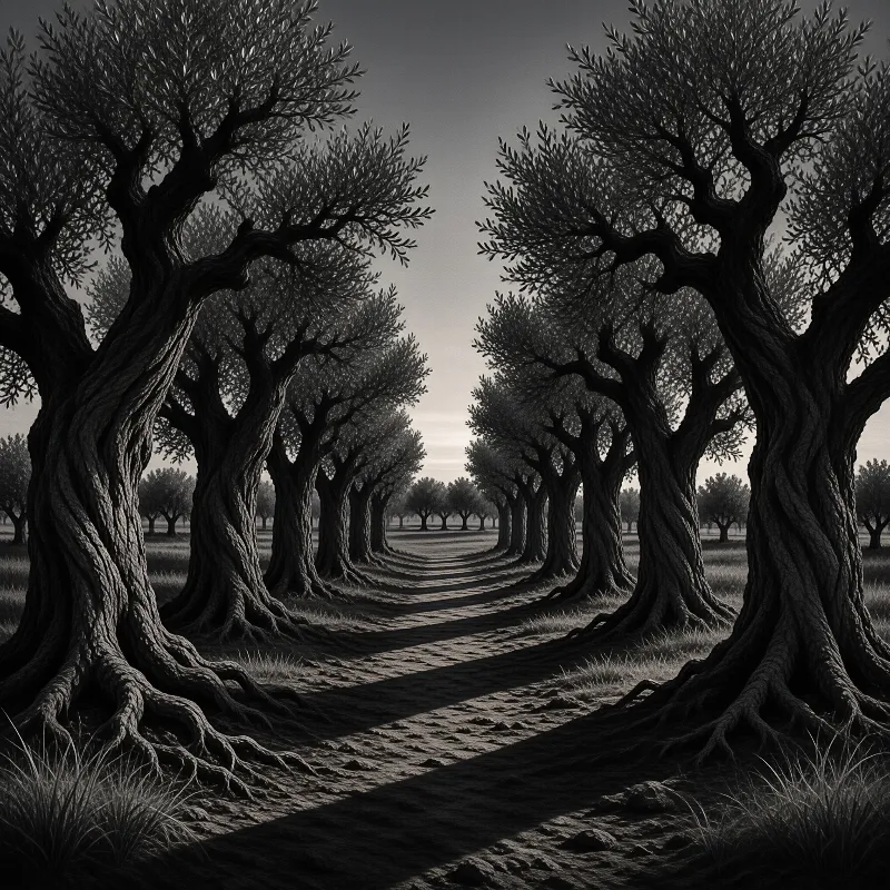 Ancient gnarled olive trees form a shaded corridor along a sandy track in monochrome tones.