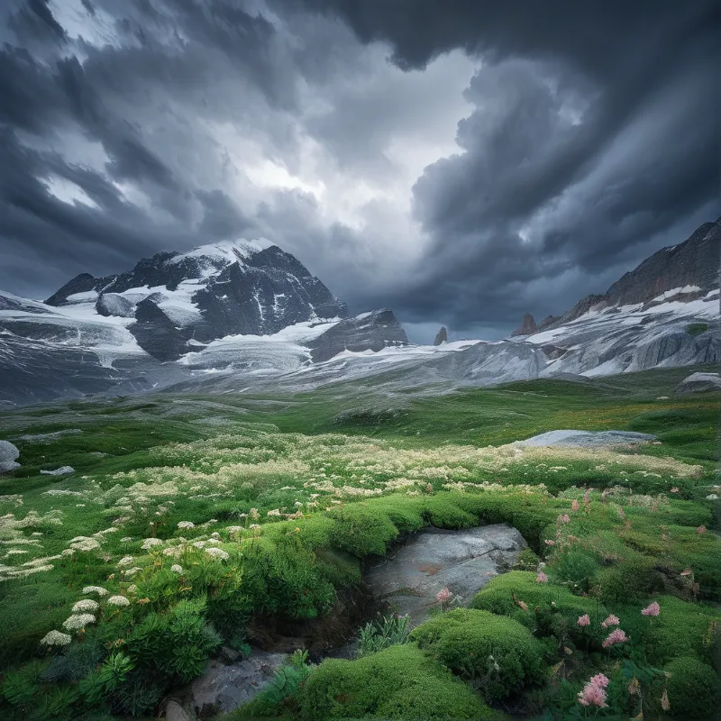 A lush alpine meadow of pale wildflowers lies below snow capped peaks, under a sky filled with thick dark storm clouds.