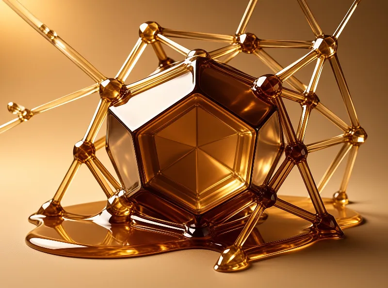 A glossy amber geometric structure rests on a smooth beige surface with glowing rod extensions.