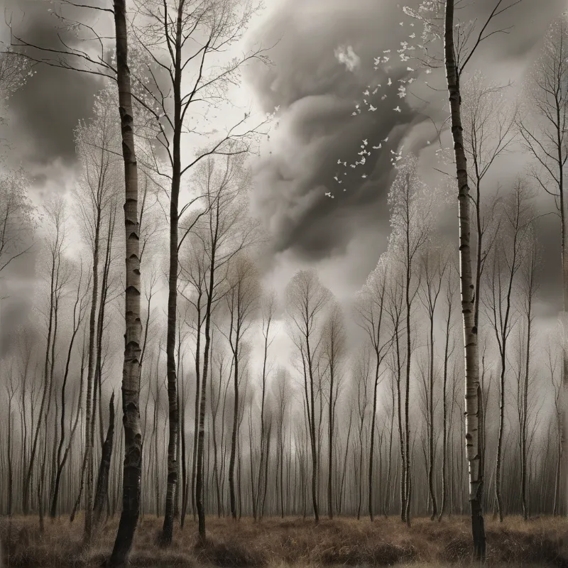 A monochromatic view of tall leafless trees rising into a turbulent sky filled with a flock of flying birds.