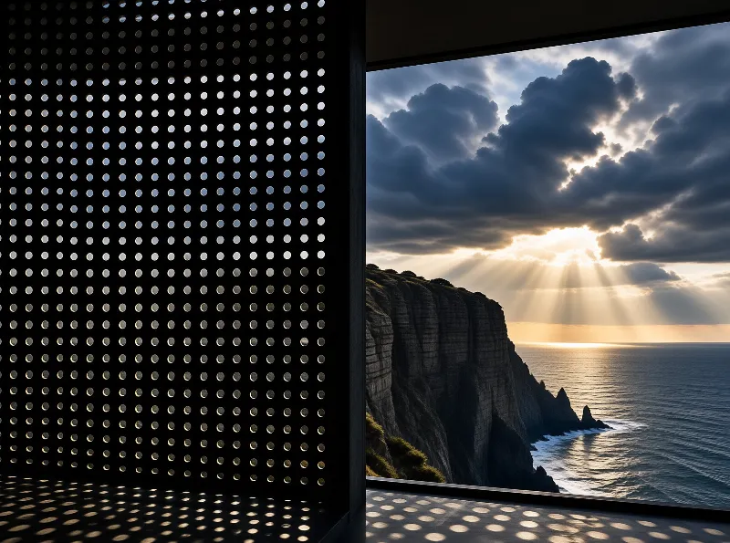 A dark perforated wall frames a view of sheer sea cliffs and sun rays bursting over the ocean.
