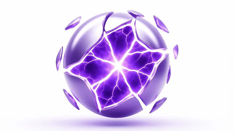 A shattered purple sphere floats against a white background with bright glowing cracks radiating energy from its center.