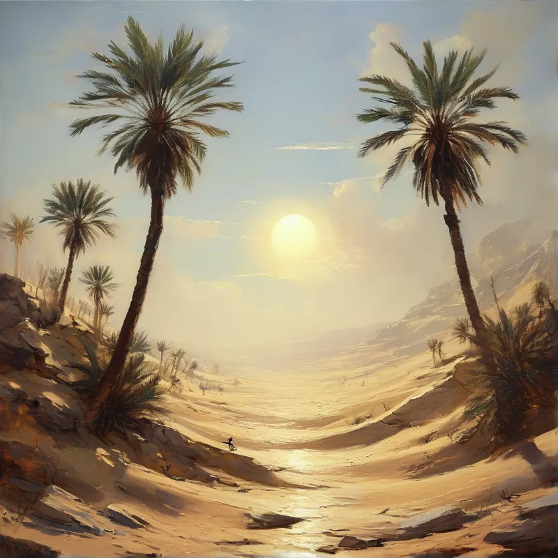 Palm trees line a sandy desert path leading towards a bright sun in a hazy sky.