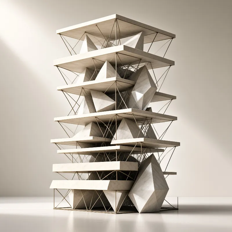 White geometric sculpture featuring stacked platforms and faceted shapes inside a metal frame structure under soft studio lighting.