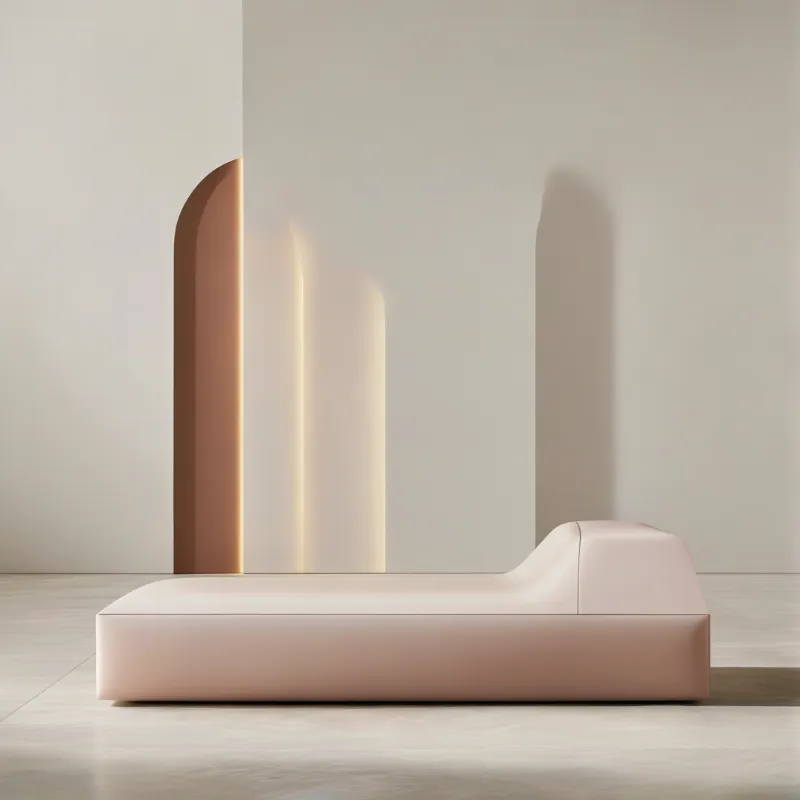 A pale pink minimalist daybed rests on pale polished flooring against neutral walls with warm backlit curved accent panels.