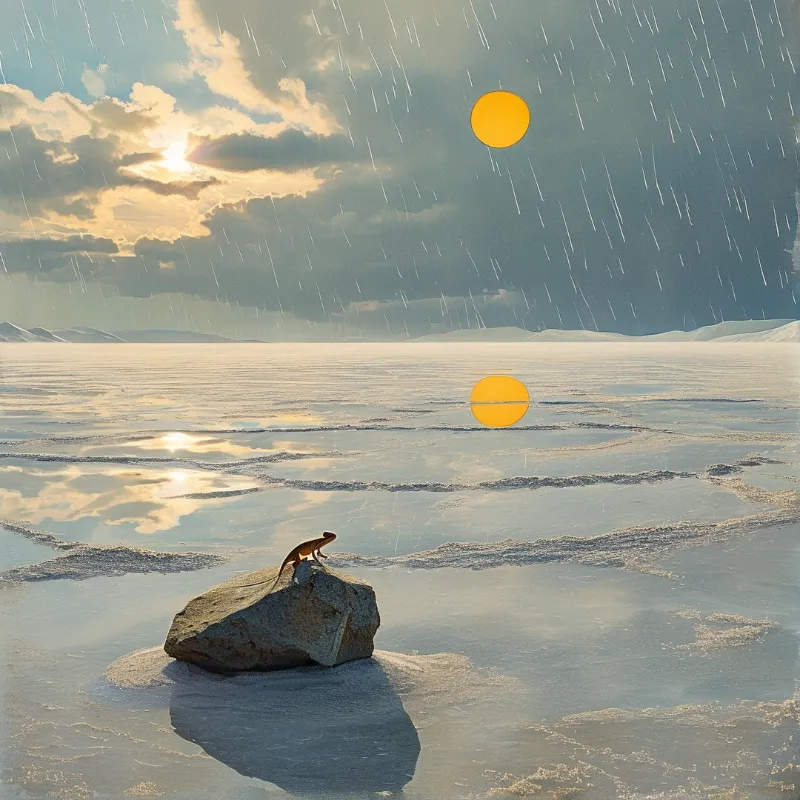 A brown lizard perches on a rock amidst a cracked ice field as rain falls and bright yellow orbs float above.