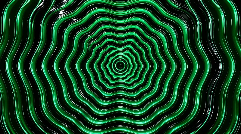 A deep central tunnel formed by concentric glowing green wavy lines radiating outwards against a black background creates an optical illusion of receding depth.